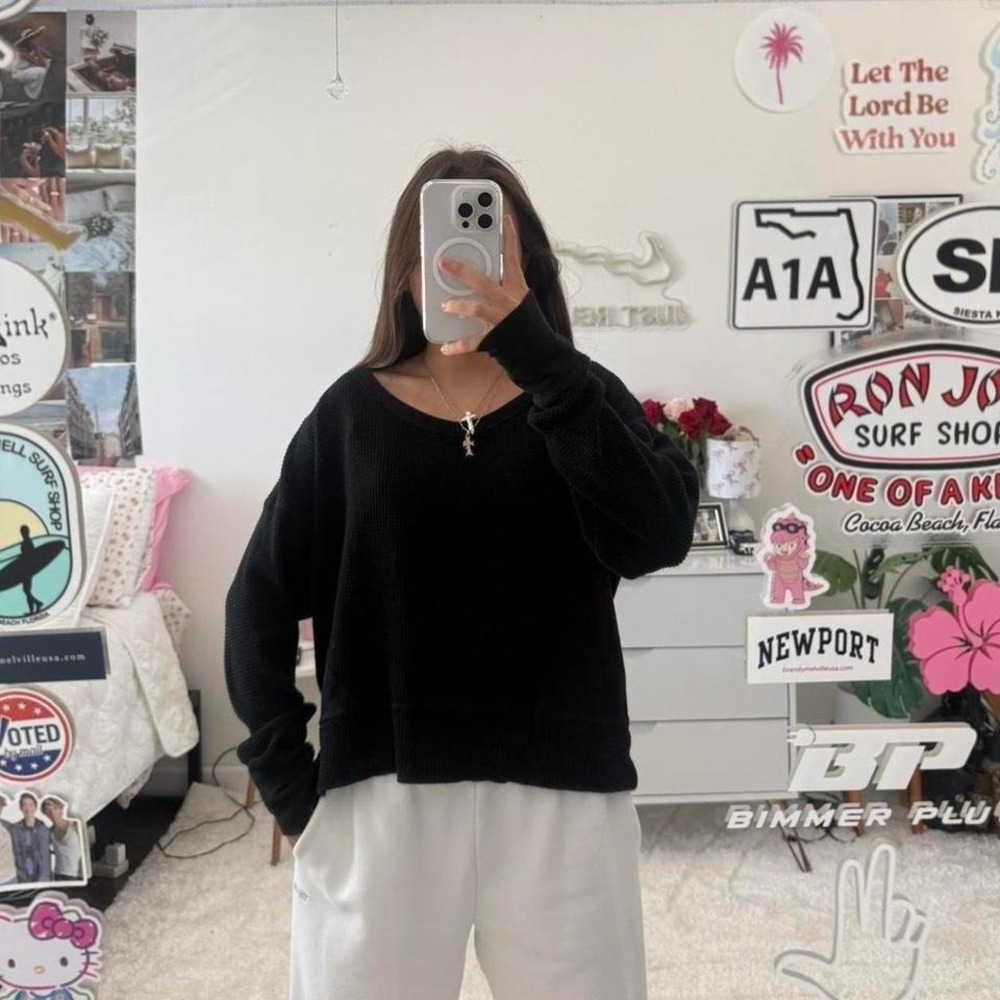 black aerie waffle oversized t shirt long sleeve off the shoulder